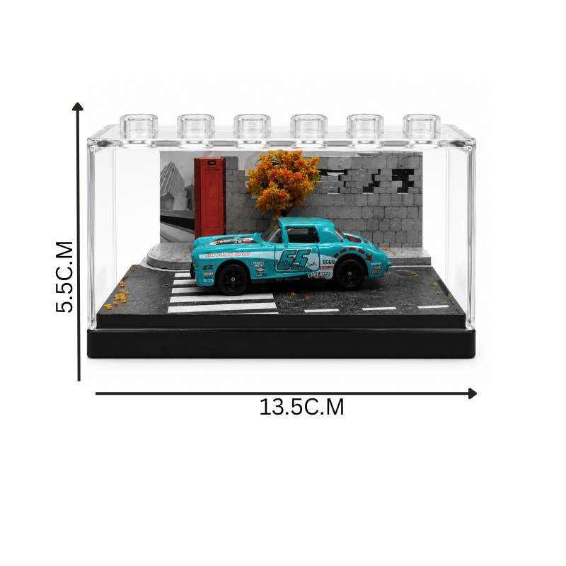 Turquoise Racing Car Miniature Diorama Display – Premium Urban Street Scene with Acrylic Case