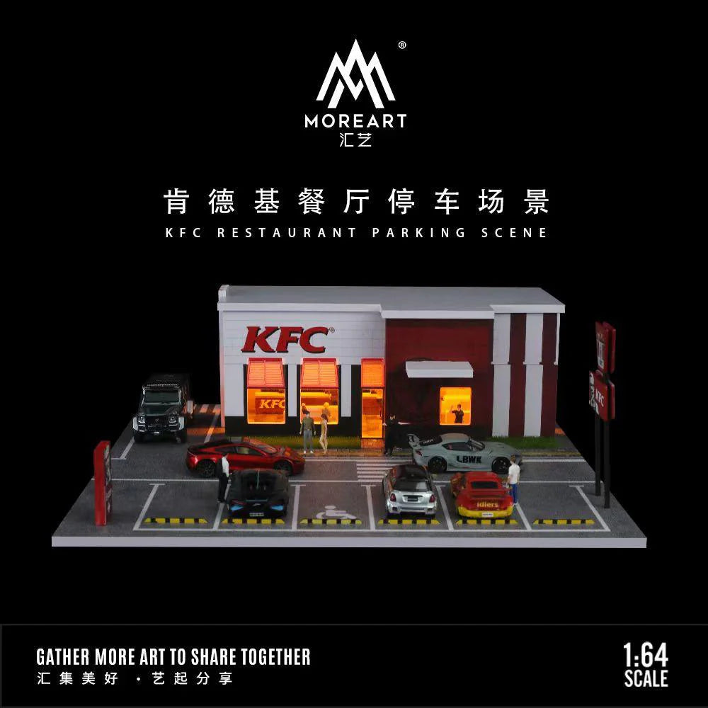 MoreArt KFC Restaurant Parking Diorama with LED Lighting – 1:64 Scale Display Scene for Diecast Cars