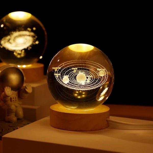 3D Crystal Solar System Warm Led with Wood Base