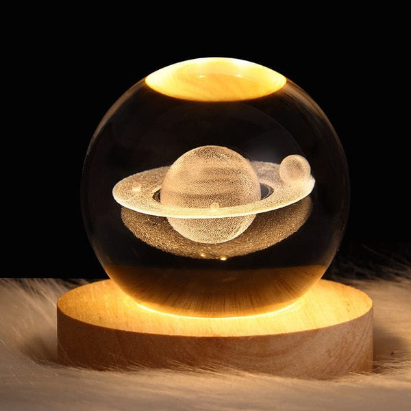 3D Crystal Saturn With Warm Led with Wood Base - Big Size