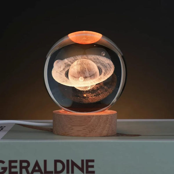 3D Crystal Saturn With Warm Led with Wood Base