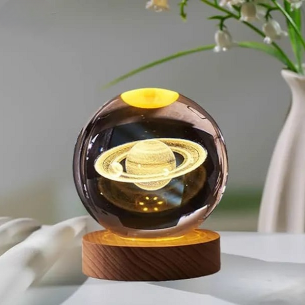 3D Crystal Saturn With Warm Led with Wood Base