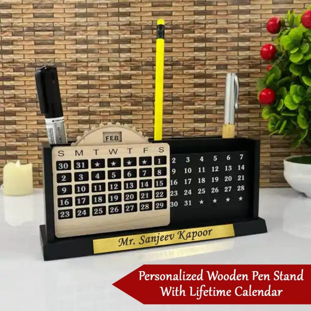 Personalised Wooden Pen Stand With Lifetime Calendar (No Cod Allowed On This Product) - Prepaid Orders Only