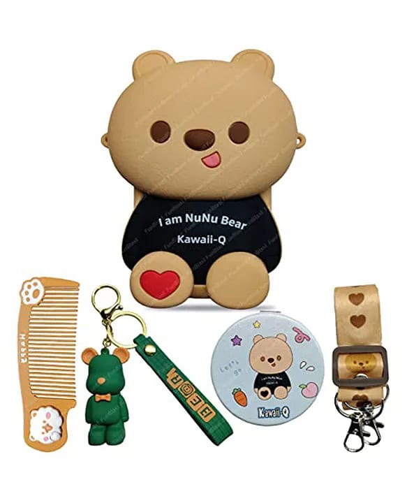 Cute Bear Combo For Kids With Mirror, Comb and Silicon Keychain - Black