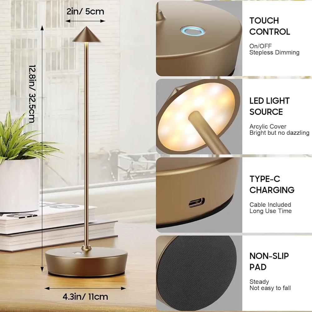 2Pack Cordless Golden Table Lamp,Portable Outdoor Table Lamp Waterproof 6000mAh Battery Desk Lamp, 3 Color Stepless Dimming Table Light for Restaurant/Bedroom/Bar/Outdoor Party/Camping