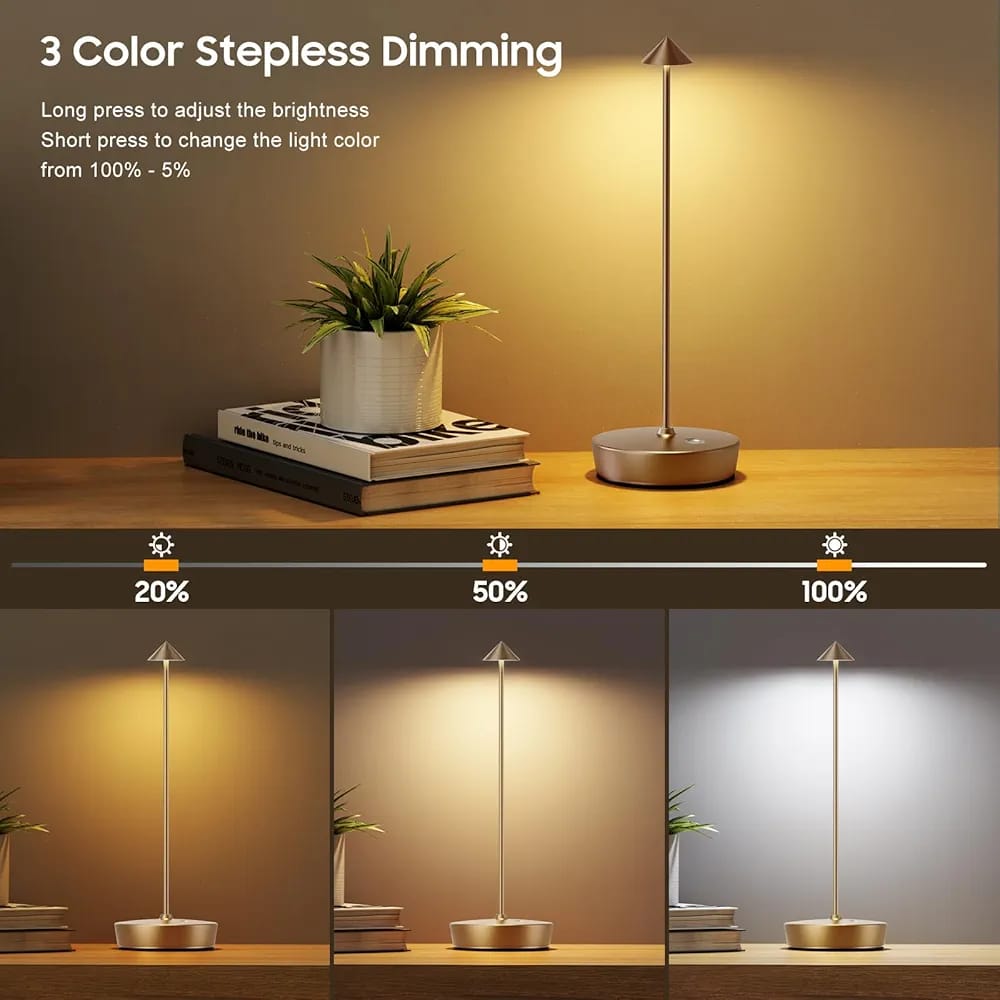 2Pack Cordless Golden Table Lamp,Portable Outdoor Table Lamp Waterproof 6000mAh Battery Desk Lamp, 3 Color Stepless Dimming Table Light for Restaurant/Bedroom/Bar/Outdoor Party/Camping
