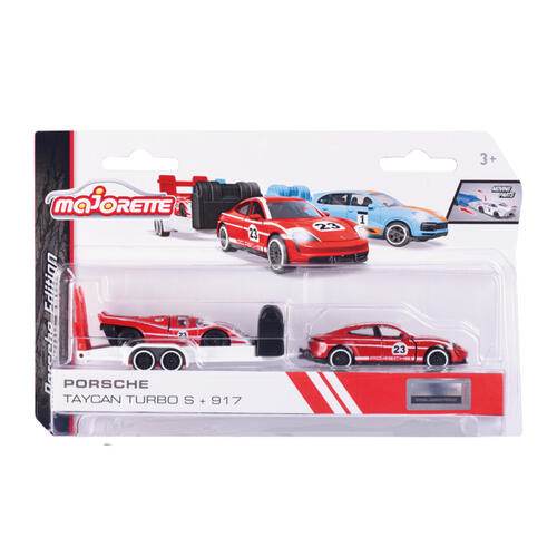 Majorette Porsche Edition Trailer Set – Taycan Turbo S and Porsche 917 Premium Diecast Car Model