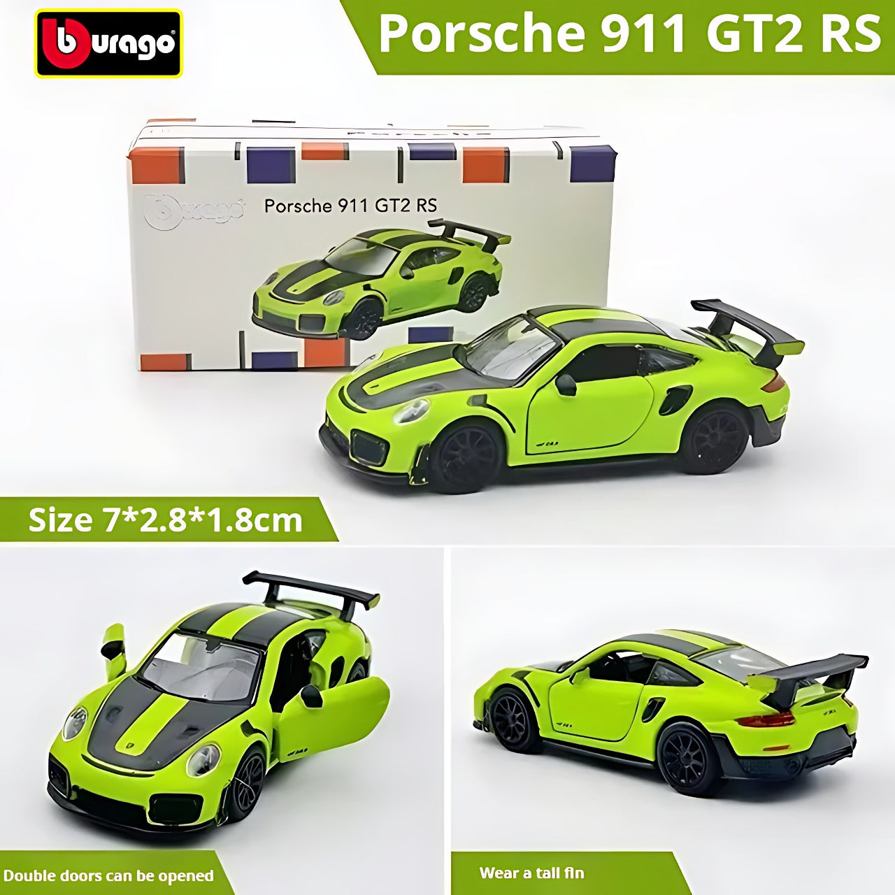 Official Bburago Porsche 911 GT2 RS Green - 1 : 64 Diecast Scale Model