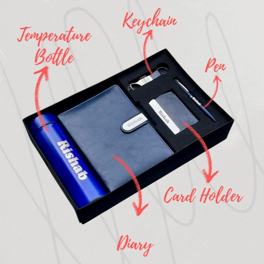 Personalised Name Gift Set - Diary , Temperature Bottle, Card Holder, Keychain & Pen (No Cod on personalised Orders) - Prepaid Orders Only