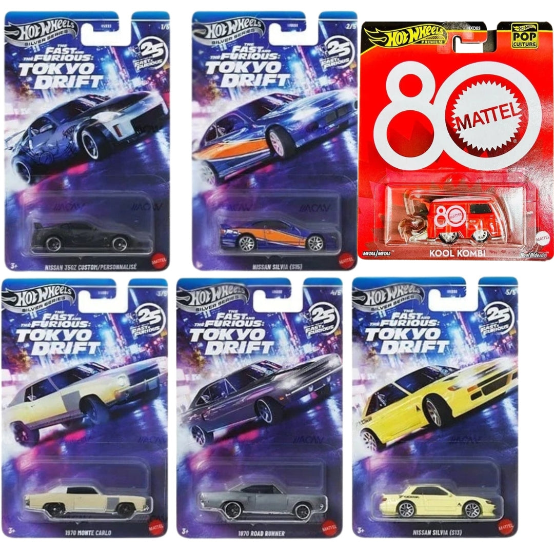 Hot Wheels 1:64 Scale Silver Series 2026 Fast and Furious Tokyo Drift and Kool Kombi - Set Of 6