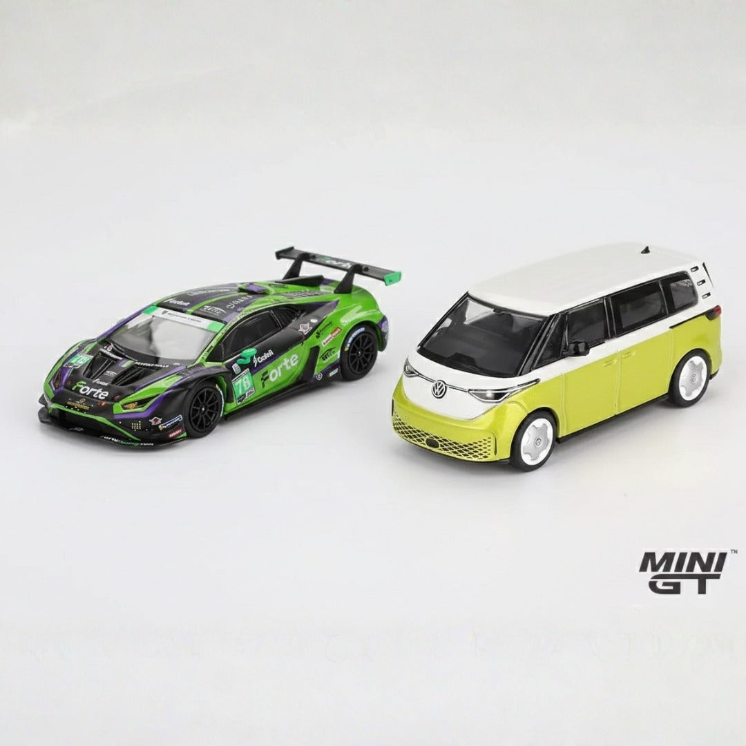 Mini GT Set of 2 Imported Code 1062 AND Code 1110 - Lamborghini Huracán GT3 EVO2 #78 2024 IMSA Daytona 24 Hrs Forte Racing AND Volkswagen ID. Buzz - Candy White / Pomelo Yellow