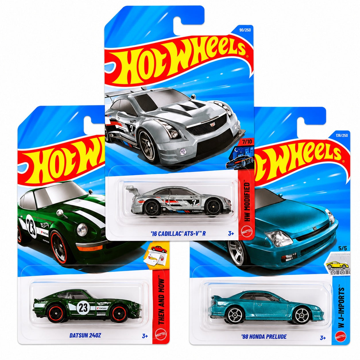 Hot Wheels Combo Set of 3 - '16 Cadillac ATS-V R, Datsun 240Z & '98 Honda Prelude Imported Mainline