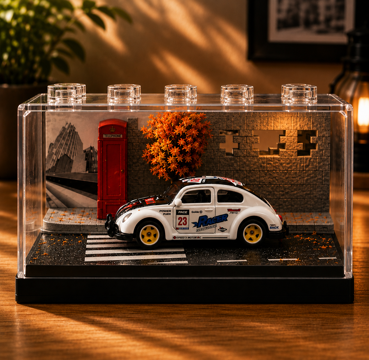 White Racing Car Miniature Diorama Display – Premium Urban Street Scene with Acrylic Case