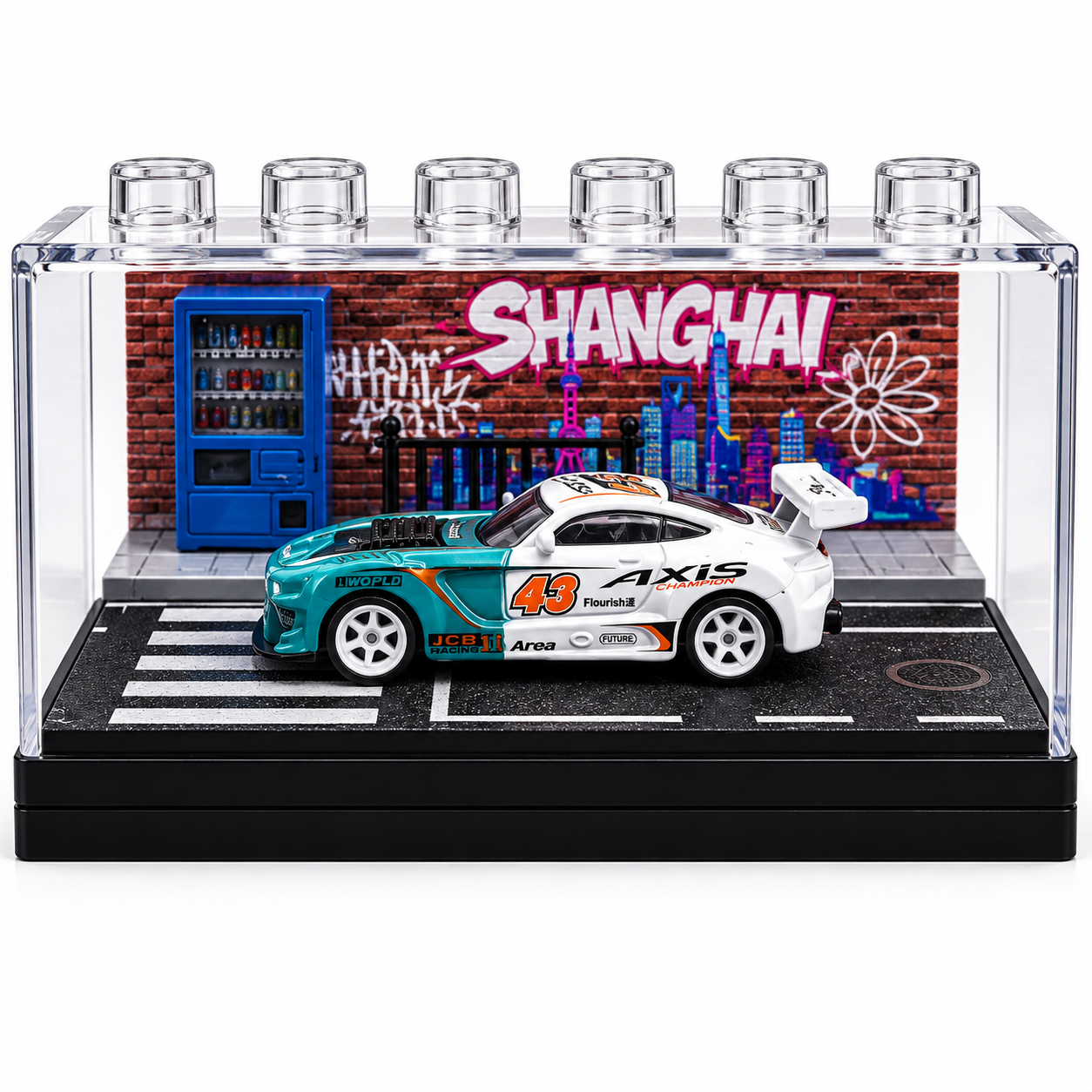 White & Teal Racing Car Miniature Diorama Display – Premium Street Art Scene with Acrylic Case