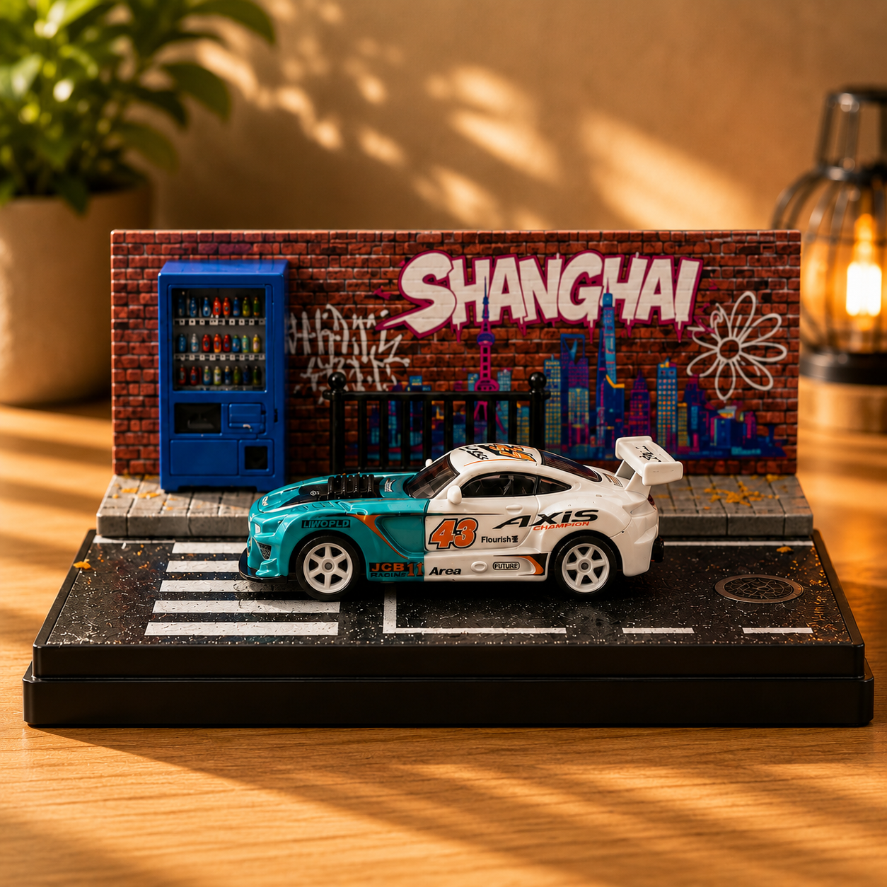 White & Teal Racing Car Miniature Diorama Display – Premium Street Art Scene with Acrylic Case