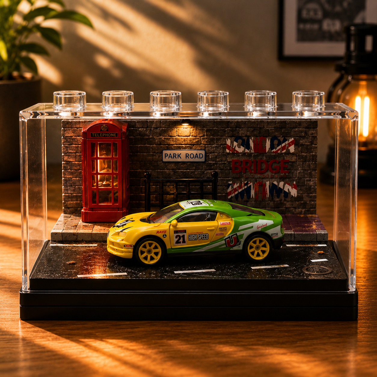 Yellow & Green Racing Car Miniature Diorama Display – Premium Urban Street Scene with Acrylic Case