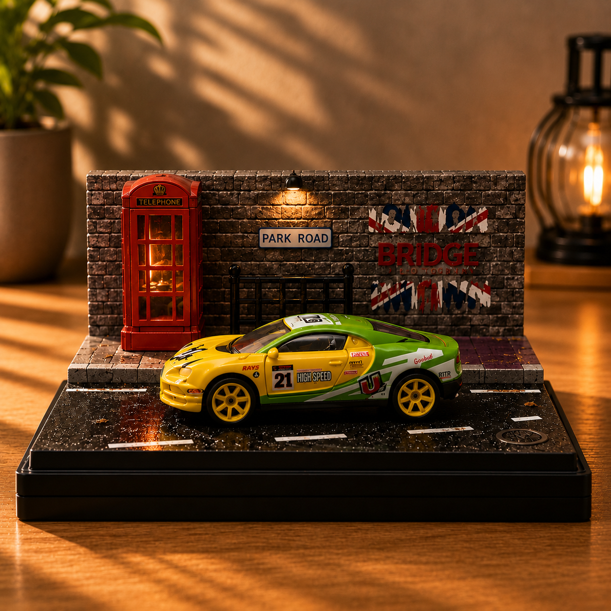 Yellow & Green Racing Car Miniature Diorama Display – Premium Urban Street Scene with Acrylic Case