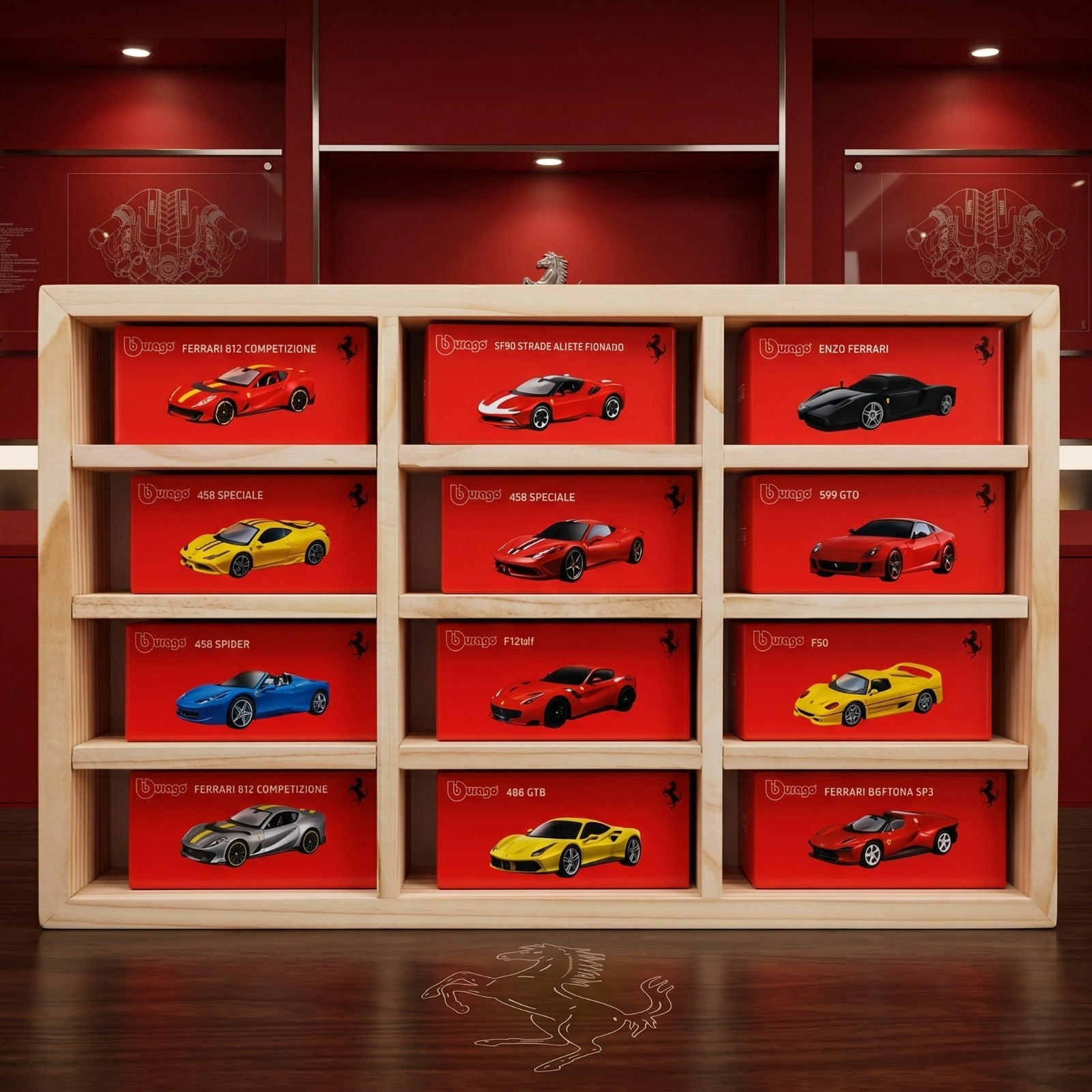 Ferrari Official bburago with free Wooden Display for 1:64 Scale Model Cars ( Any 12 Random Car)