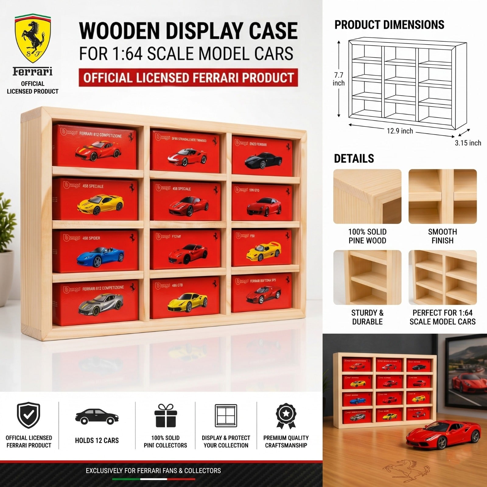 Ferrari Official bburago with free Wooden Display for 1:64 Scale Model Cars ( Any 12 Random Car)