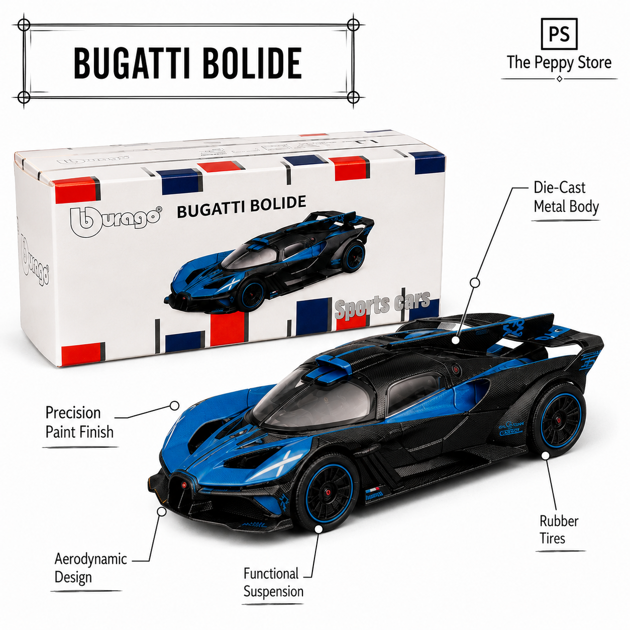 Official Bburago Bugatti Bolide Blue - 1 : 64 Diecast Scale Model