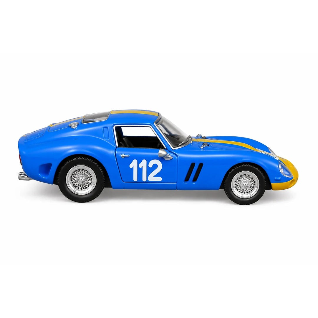 Bburago Ferrari 250 GTO Racing #112 1:64 diecast model car side view on white background