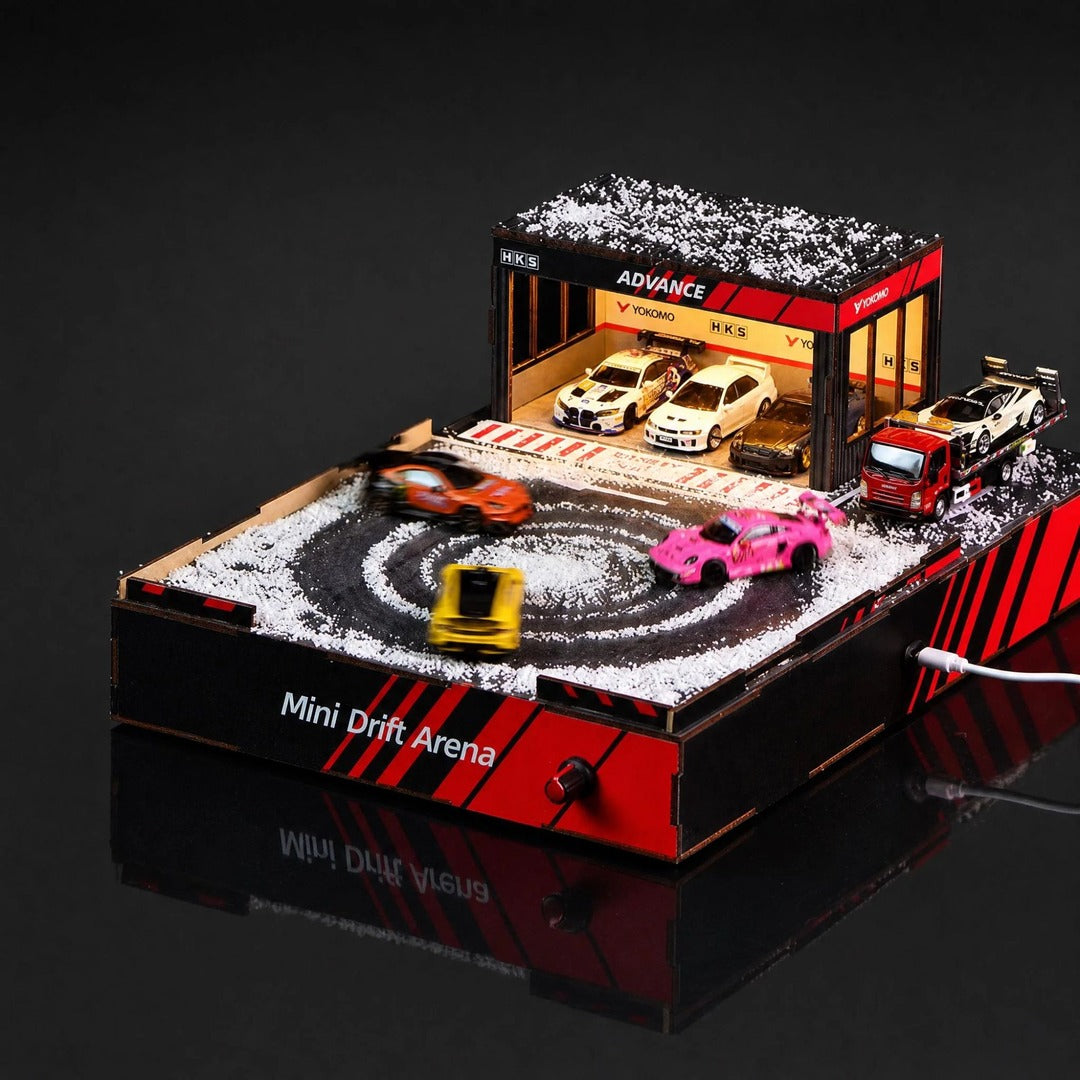 Mini Drift Arena LED Garage Diorama with diecast cars displayed in garage bay and drift ring