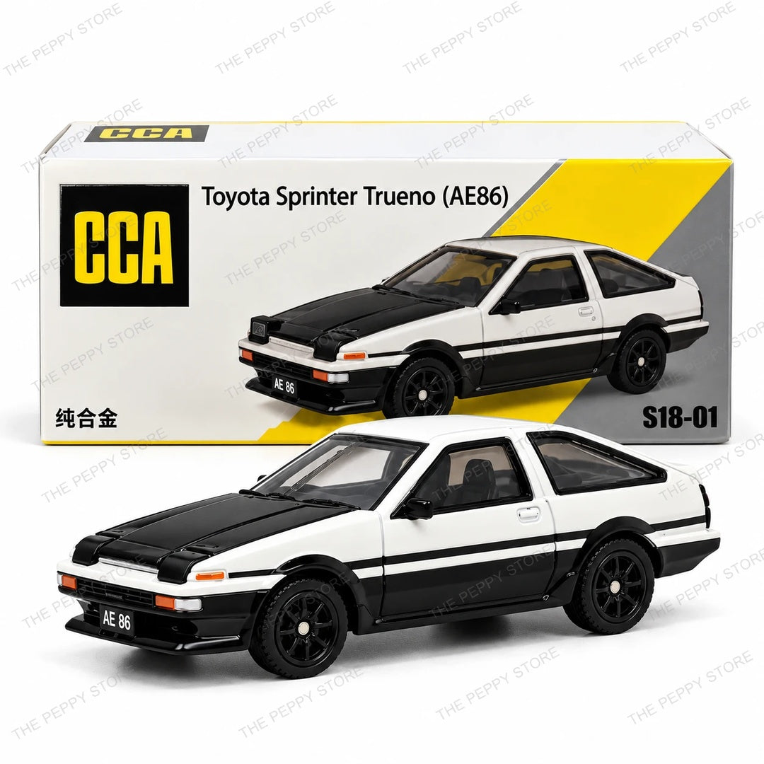 Scale 1:64 CCA Toyota Sprinter Trueno (AE86) Diecast Metal Model Car S18-01 - Packaging and Side Profile