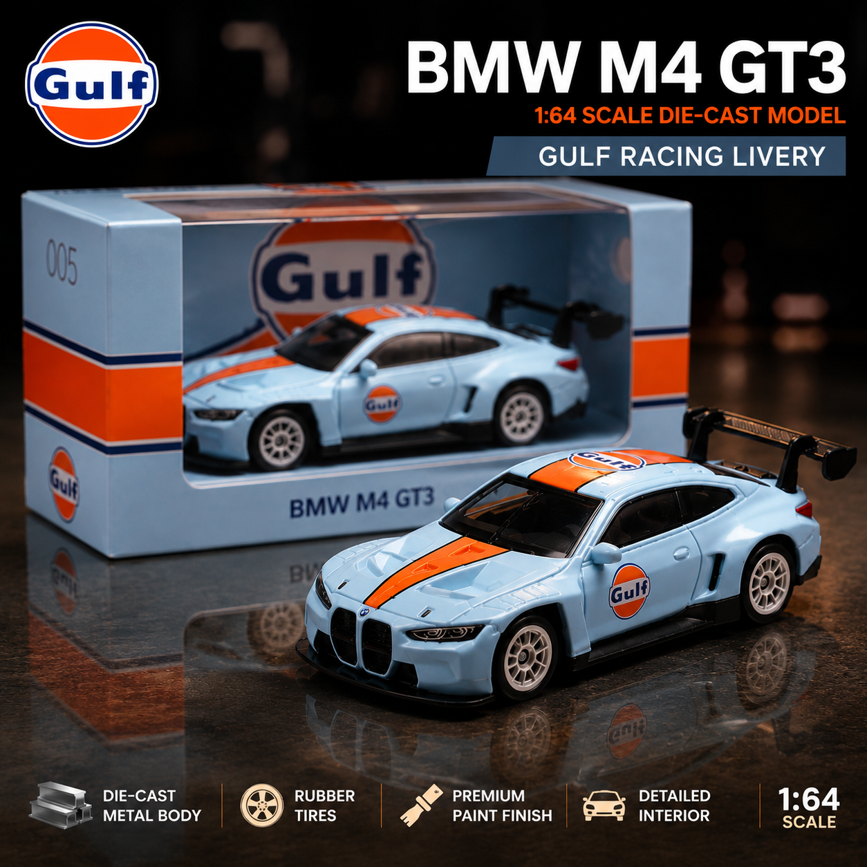Scale 1 : 64 CCA Premium Gulf BMW M4 GT3 - Blue Diecast Metal Model Car With Acrylic Case