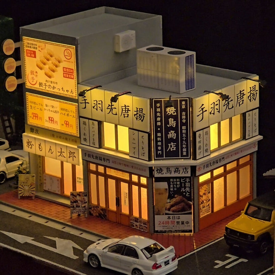 DIY Miniature Japanese Street Corner Shop House Kit LED lit night view close-up