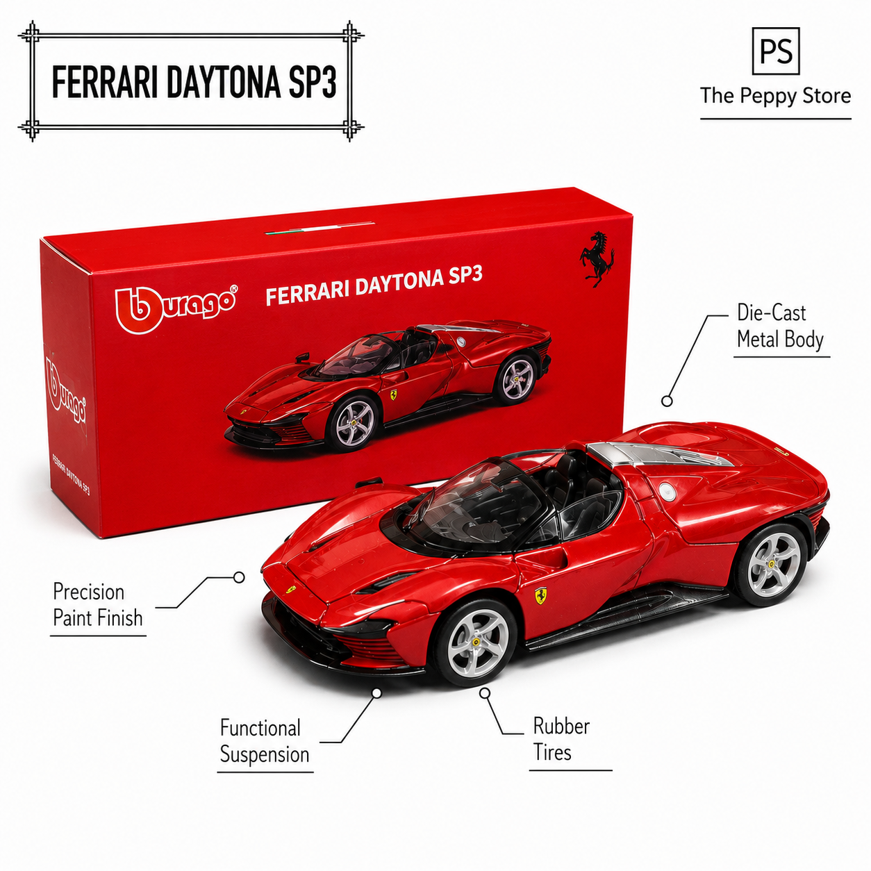 Official Bburago Ferrari Daytona Red SP3- 1:64 Diecast Scale Model