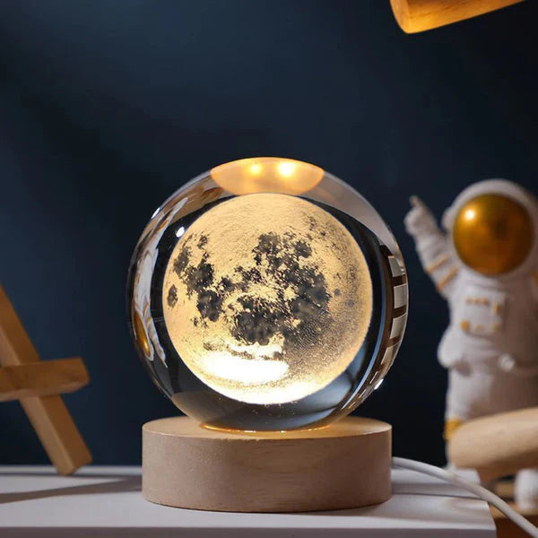 3D Crystal Moon Warm Led with Wood Base