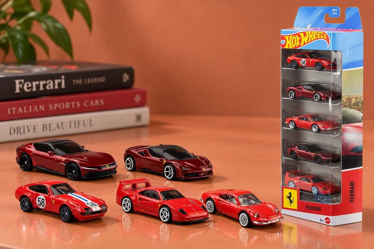 Hot Wheels Ferrari 5-Pack diecast cars lifestyle shot