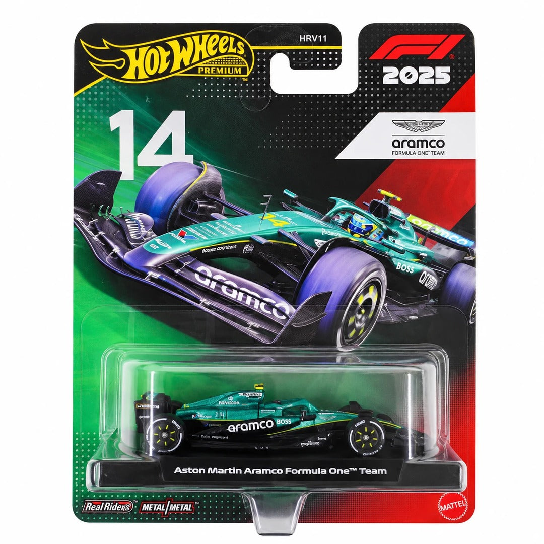 Hot Wheels Premium F1 2025 Aston Martin Aramco Formula One Team #14 1:64 diecast model car packaging, card code HRV11