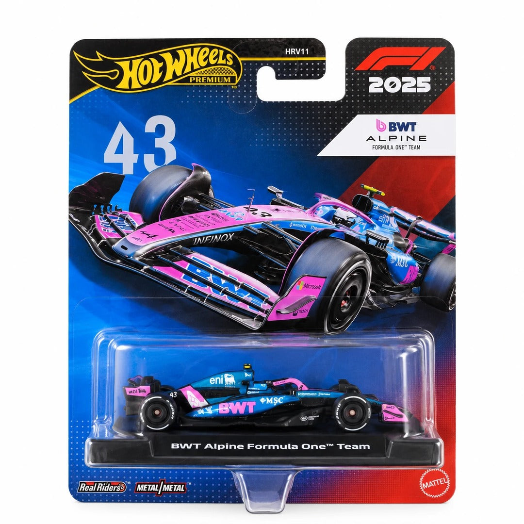 Hot Wheels Premium F1 2025 BWT Alpine Formula One Team #43 1:64 diecast model car packaging, card code HRV11