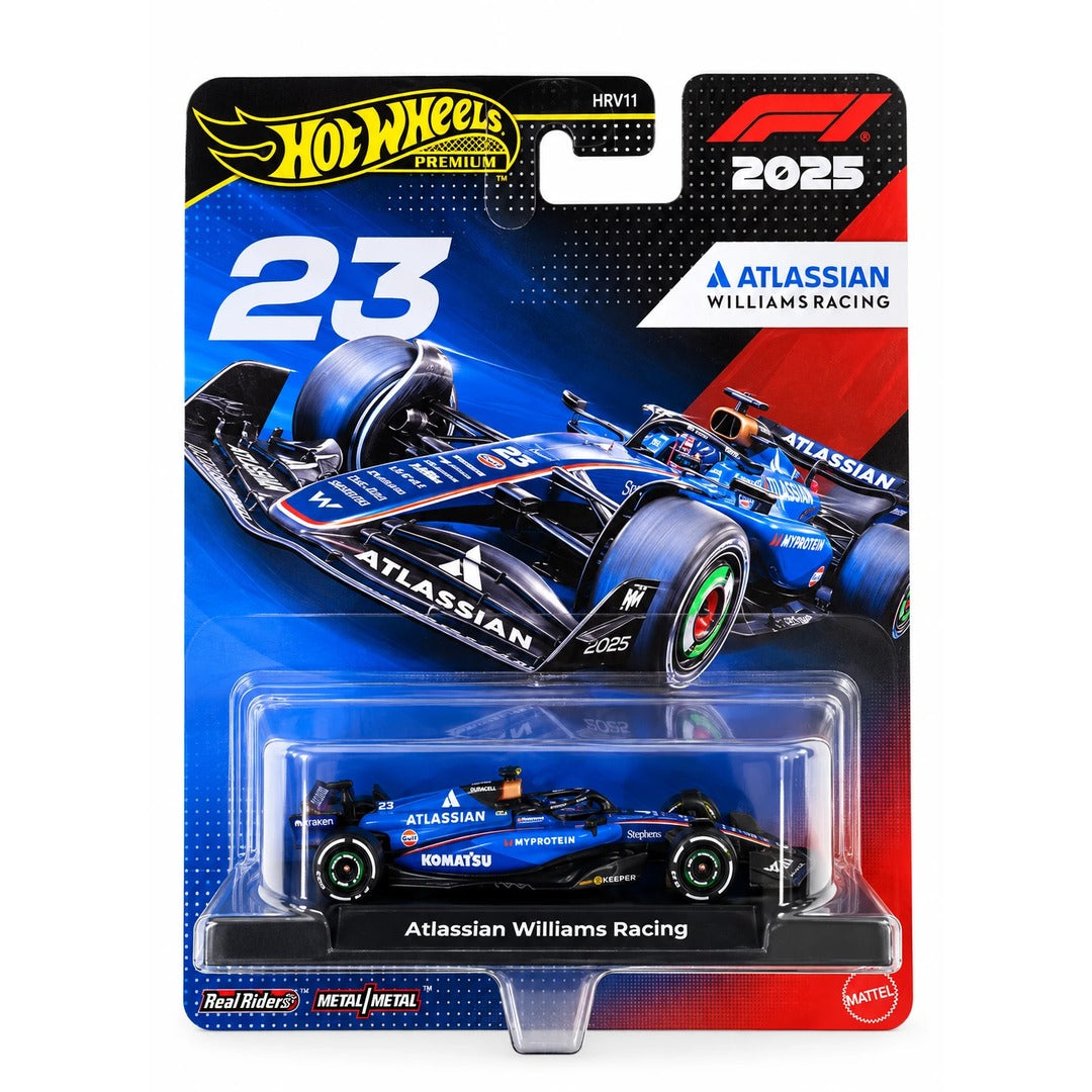 Hot Wheels Premium F1 2025 Atlassian Williams Racing #23 1:64 diecast model car packaging, card code HRV11