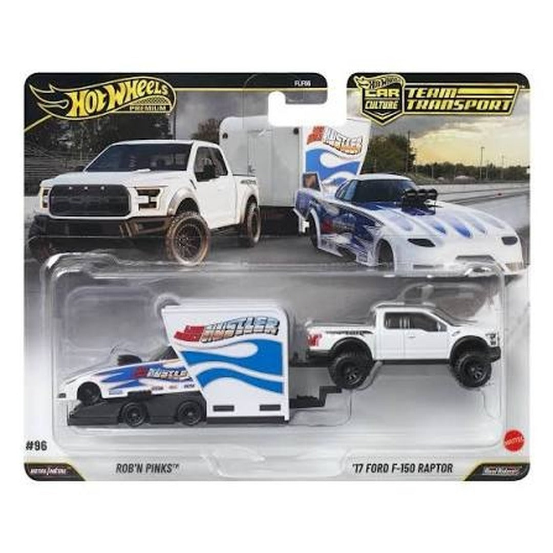 Hot Wheels Premium Car Culture Team Transport Long Beach Hustler Dragster with '17 Ford F-150 Raptor 1:64 diecast model car set packaging, card code FLF96