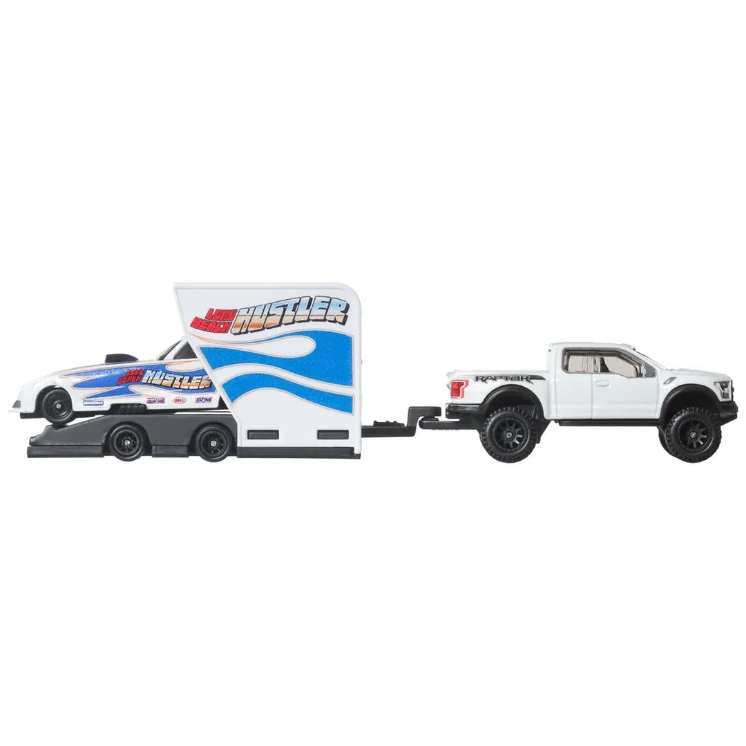 Hot Wheels Premium Car Culture Team Transport Long Beach Hustler Dragster on trailer with '17 Ford F-150 Raptor 1:64 diecast model car set, out of package