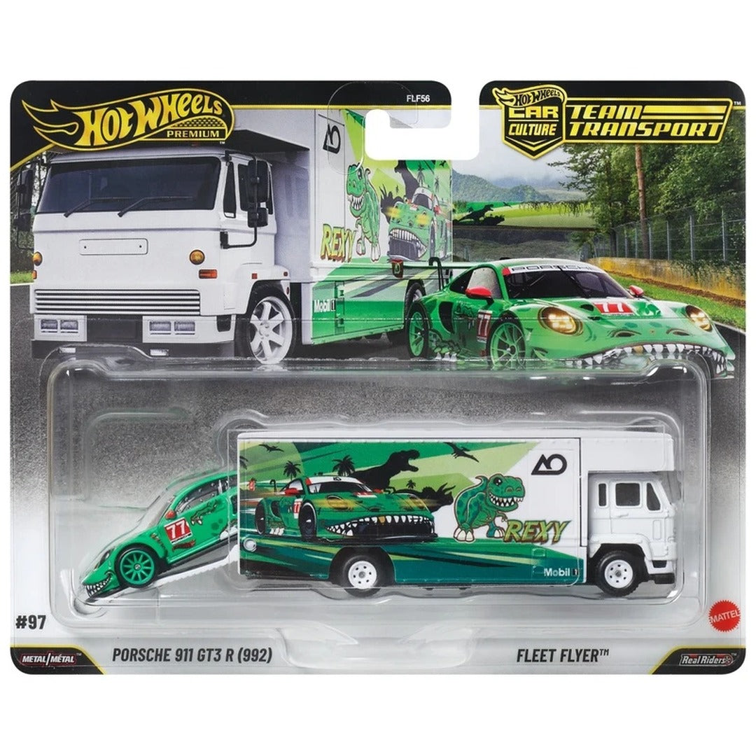 Hot Wheels Premium Imported Car Culture Team Transport Porsche 911 GT3 R (992) with Fleet Flyer 1:64 diecast model car set packaging, green Rexy dinosaur livery, Mobil 1 branding, card code FLF56