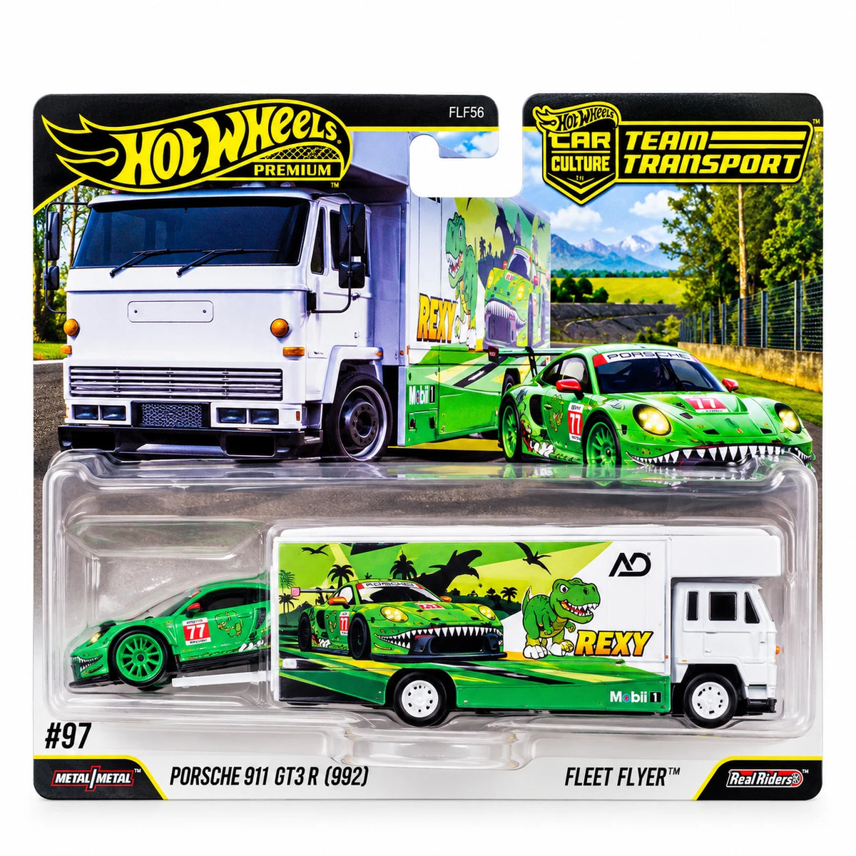 US Imported Hot Wheels Premium Car Culture Team Transport Porsche 911 GT3 R (992) with Fleet Flyer - packaging front