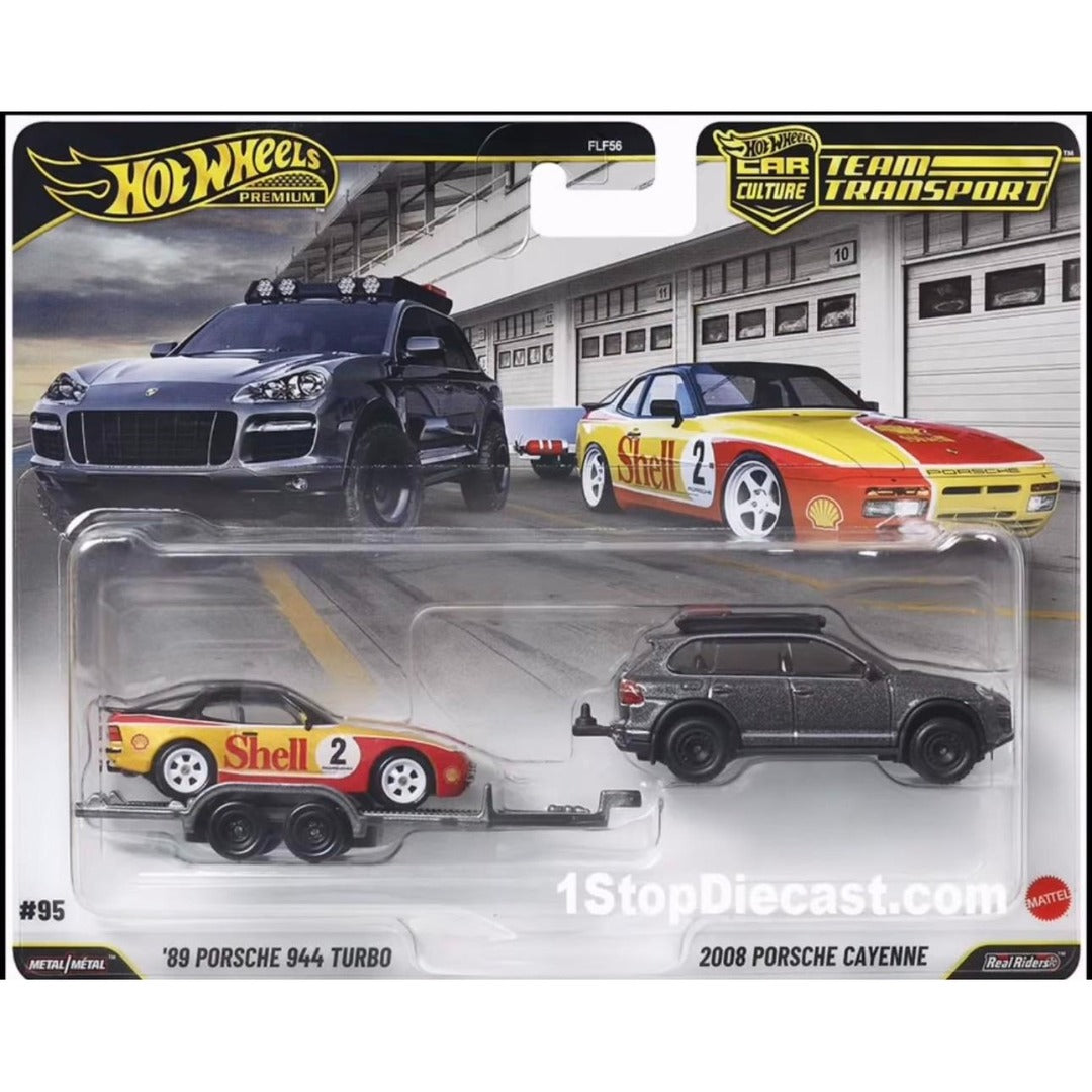 Hot Wheels Premium Car Culture Team Transport '89 Porsche 944 Turbo with 2008 Porsche Cayenne 1:64 diecast model car set packaging, Shell Racing livery, card code FLF56