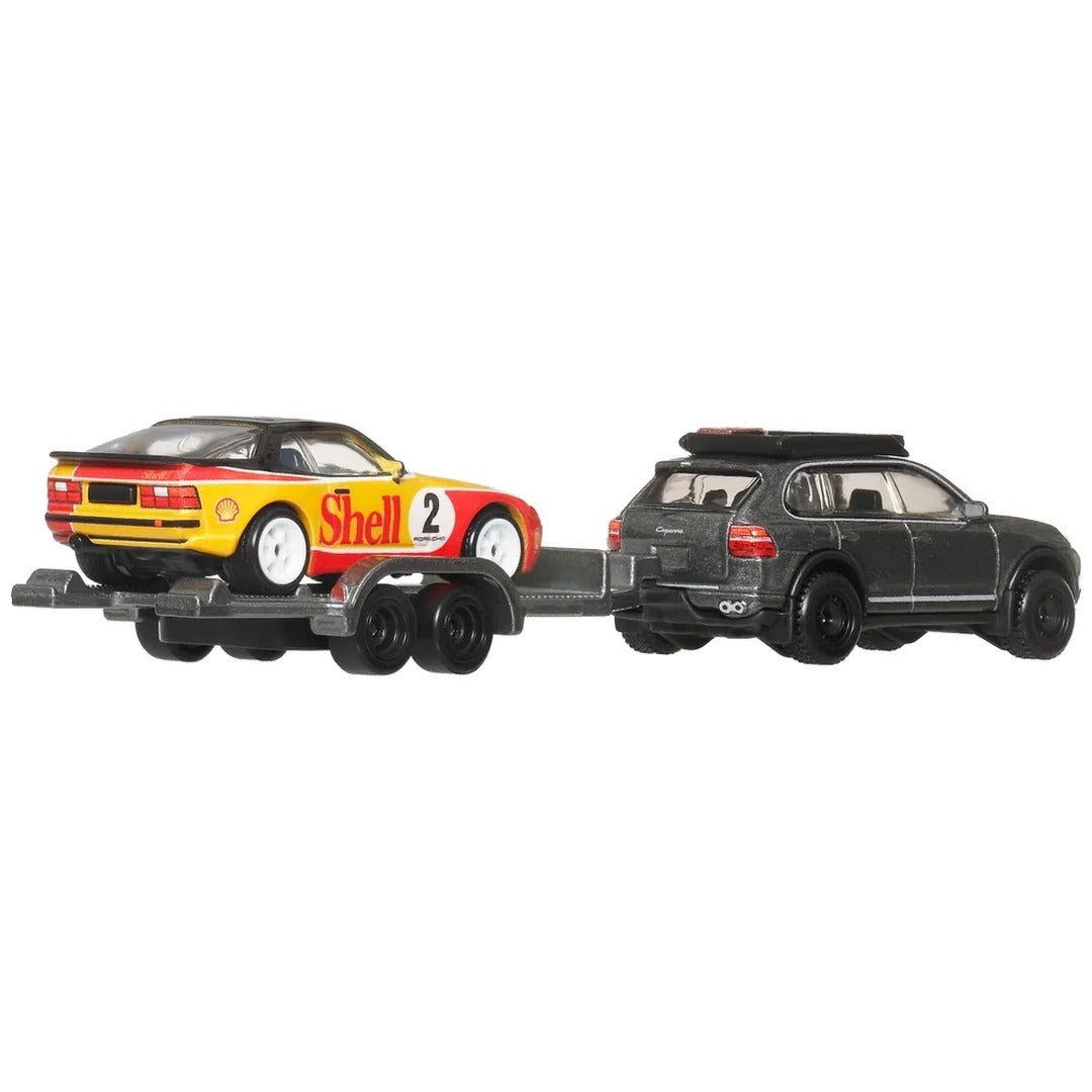 Hot Wheels Premium Car Culture Team Transport '89 Porsche 944 Turbo on trailer with 2008 Porsche Cayenne 1:64 diecast model car set, out of package