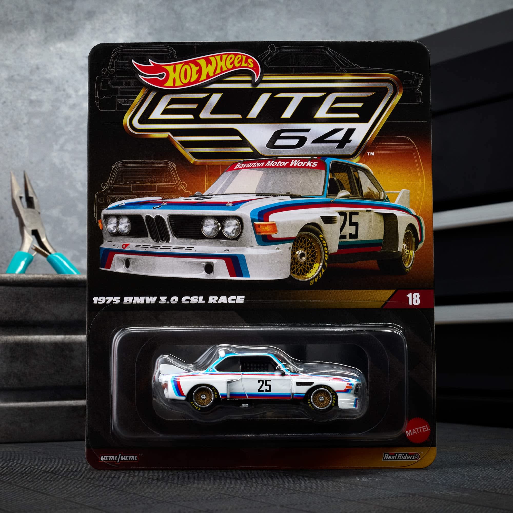 Hot Wheels Scale 1:64 Imported Elite 64 1975 BMW 3.0 CSL Race Vehicle Exclusive Collection