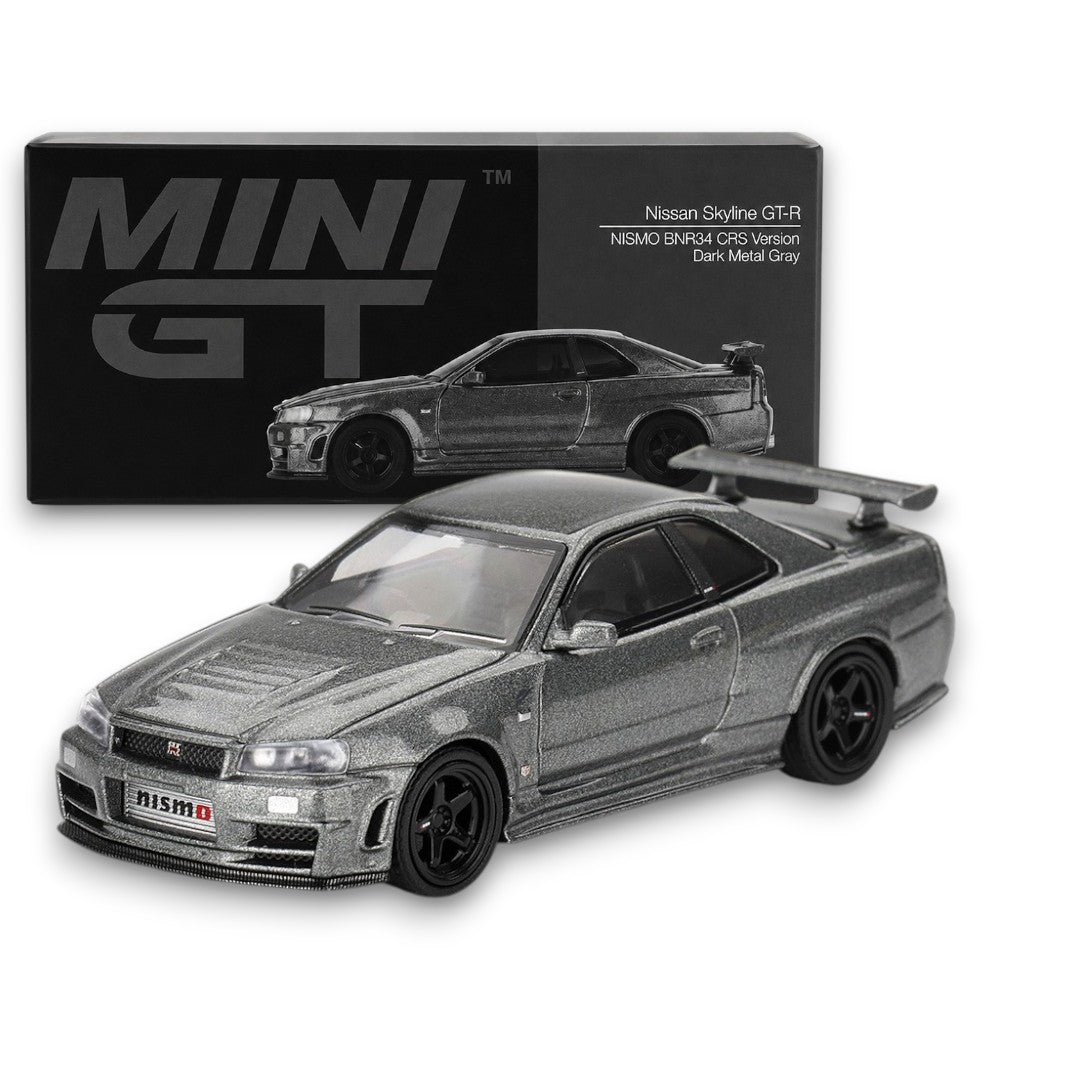 Mini GT Nissan Skyline GT-R R34 NISMO CRS Version Dark Metal Gray 1:64 Scale Diecast Model Car (Blister Pack)