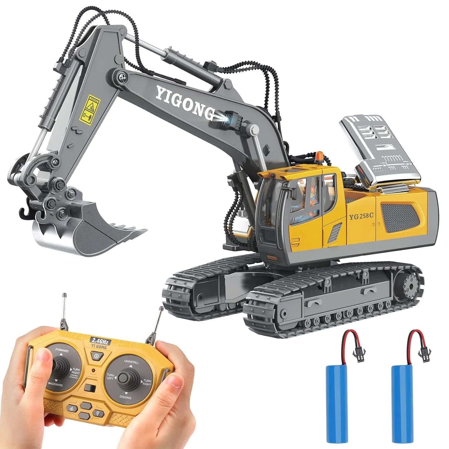 YIGONG YG258C 1:18 Scale RC Excavator Toy – 11 Channel 2.4GHz Remote Control Construction Truck with Lights, Sound & Digging Bucket