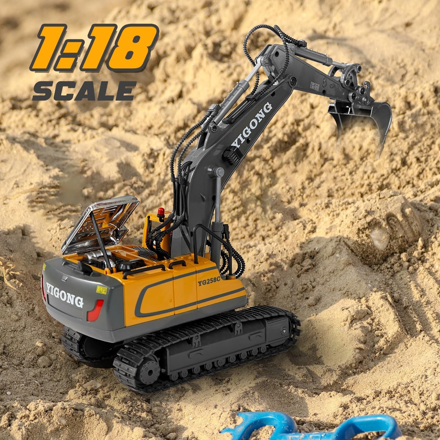 YIGONG YG258C 1:18 Scale RC Excavator Toy – 11 Channel 2.4GHz Remote Control Construction Truck with Lights, Sound & Digging Bucket