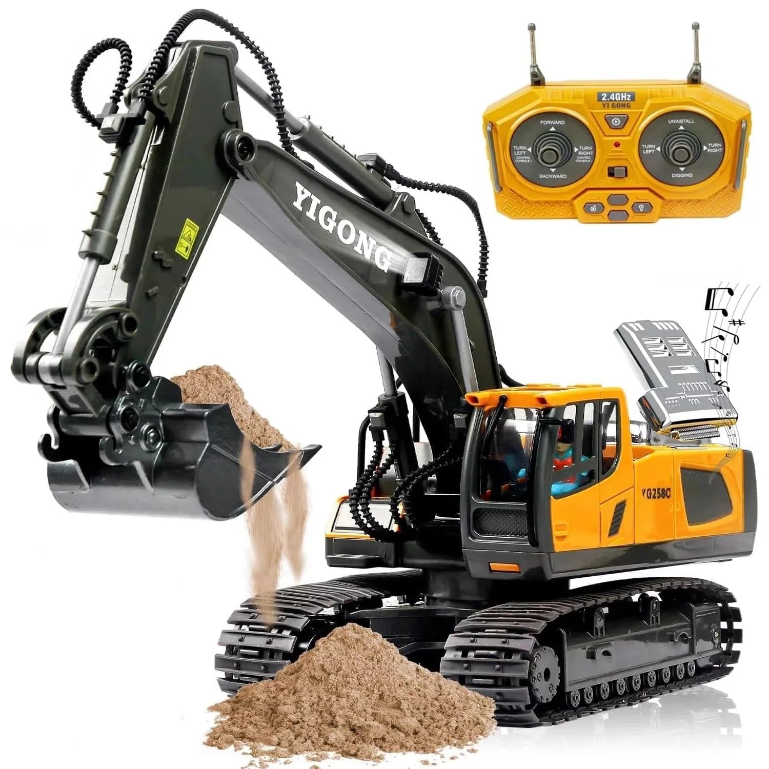 YIGONG YG258C 1:18 Scale RC Excavator Toy – 11 Channel 2.4GHz Remote Control Construction Truck with Lights, Sound & Digging Bucket