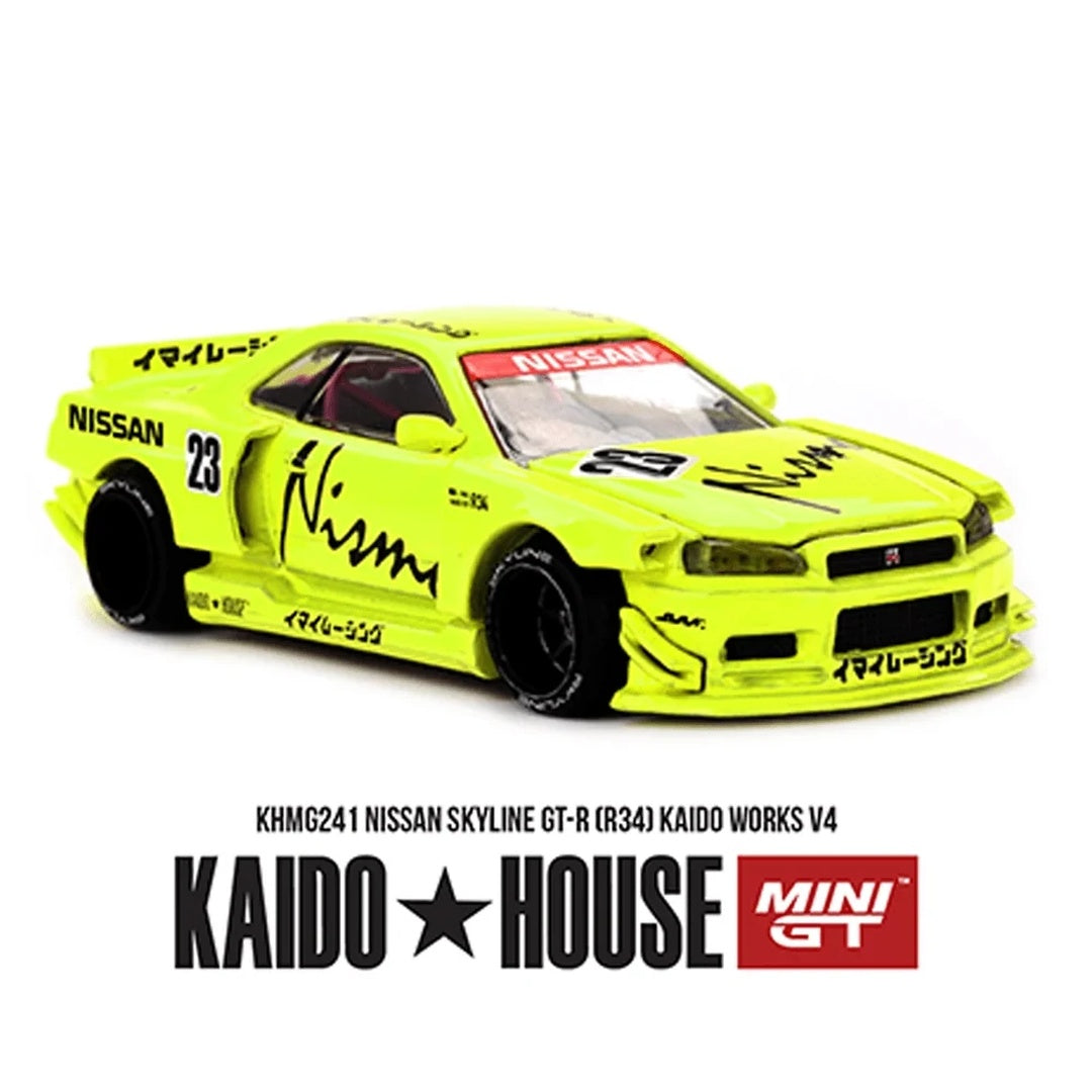 Kaido House x MINI GT Nissan Skyline GT-R (R34) Kaido Works V4 Nismo Yellow #23 1:64 Diecast Model Car