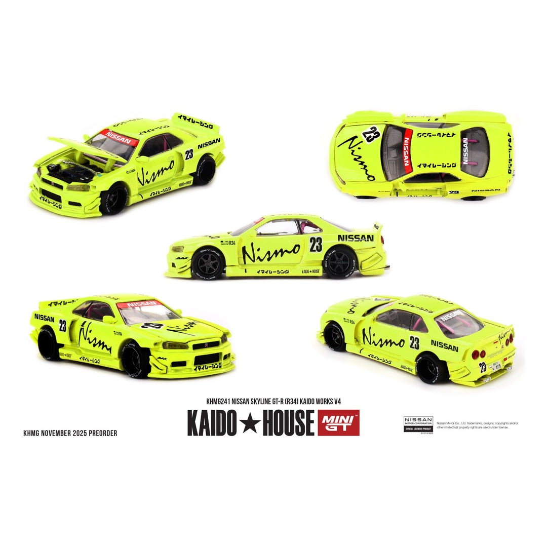 Kaido House x MINI GT Nissan Skyline GT-R (R34) Kaido Works V4 Nismo Yellow #23 1:64 Diecast Model Car