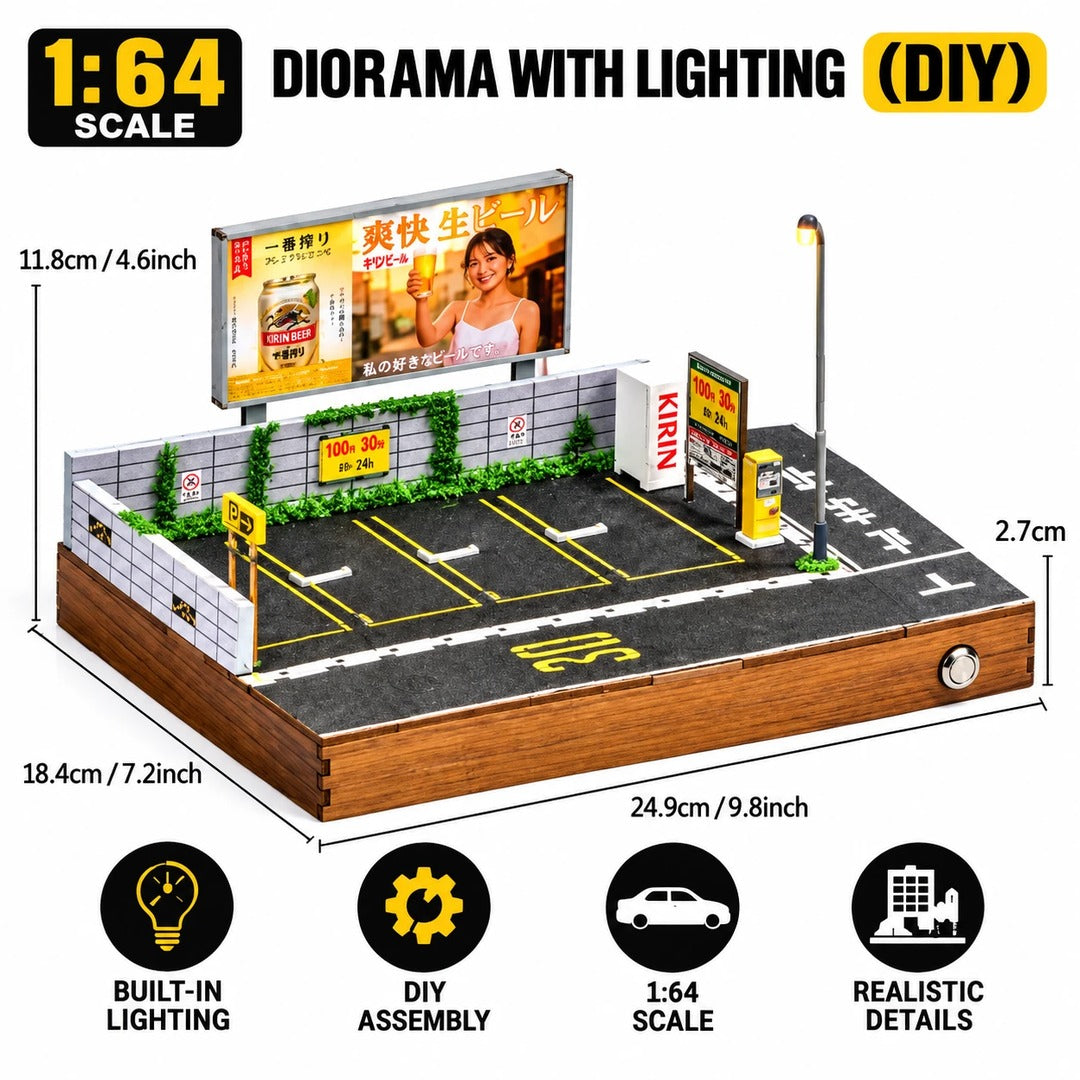Japanese Parking Lot LED Diorama with Kirin Beer Billboard 1:64 scale DIY diorama with lighting infographic