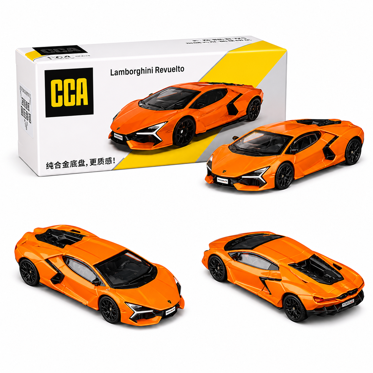Orange Lamborghini Revuelto model car with CCA packaging on a white background